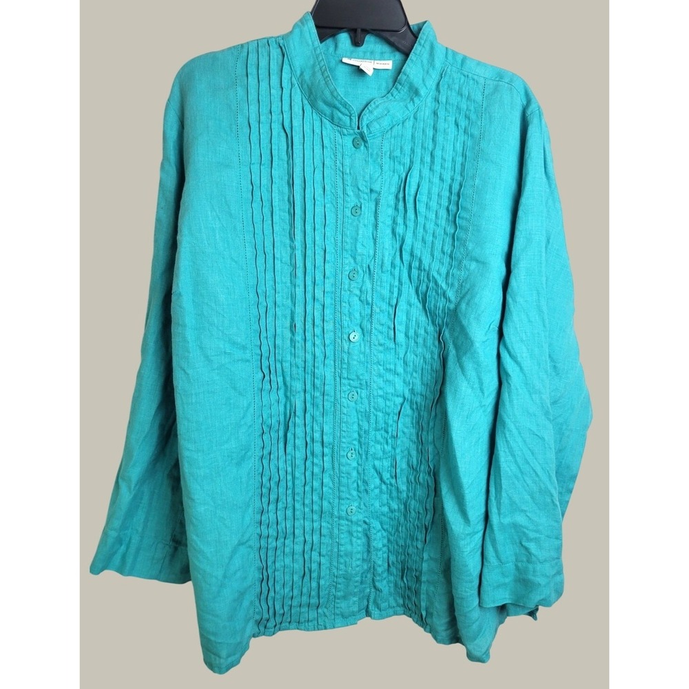 JM Collection Blouse 100% Linen Pintuck Roll Tab Sleeve Plus 20W Teal Blue Shirt